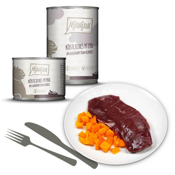 Mjamjam Katze köstliches Pferd mit Kürbis