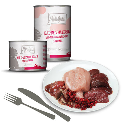 Mjamjam Katze kulinarischer Hirsch und Truthahn